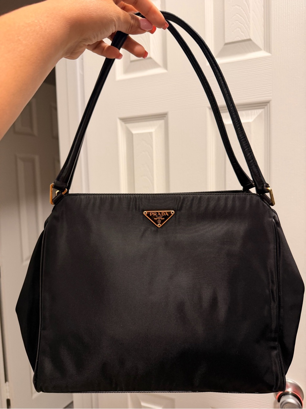 Prada Black Nylon Shoulder Bag with Gold Triangle Logo